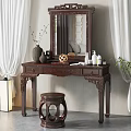 Carved Dressing Table with Mirror Decorative Vases Skincare Bottles Round Stool and White Curtains