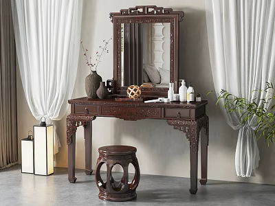Carved Dressing Table with Mirror Decorative Vases Skincare Bottles Round Stool and White Curtains 3d model