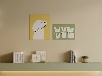 White Dog on Yellow and Chickens on Green Background Animal Paintings on Wall 3d model