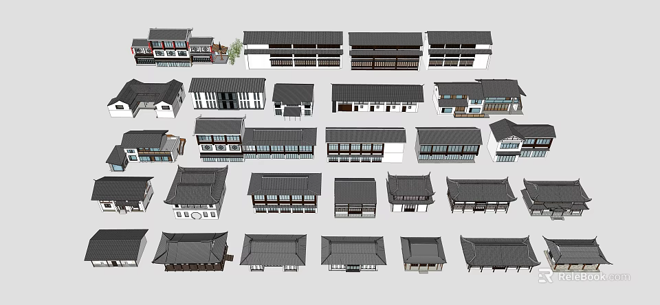 Traditional Chinese Homestay Buildings With Black Tile Roofs And Various Facade Designs 3d model 