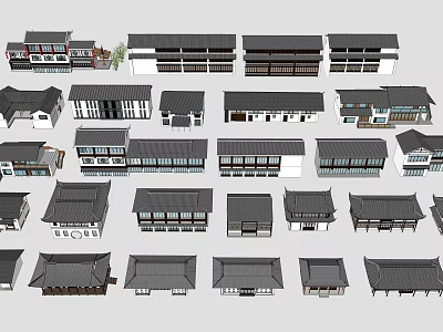 Traditional Chinese Homestay Buildings With Black Tile Roofs And Various Facade Designs 3d model