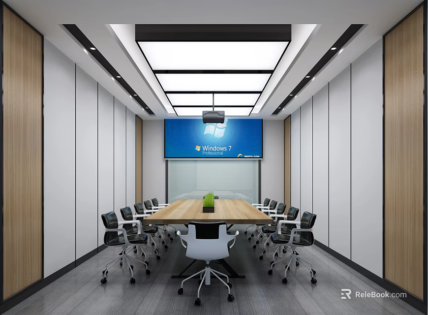 Modern Conference Room Interior Design With Long Table Large Screen And Chairs 3d model