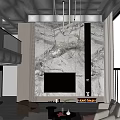 Duplex Living Room Interior With Marble Wall TV Chandelier Sofa And Floor To Ceiling Windows