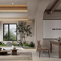 Warm Wabi Sabi Open Home Lounge With Archway Wooden Tea Table And Wall Projection Screen