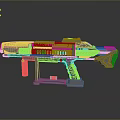 Futuristic Sci Fi Weapon With Detailed Gray And Yellow Design Barrel Grip And Display Stand