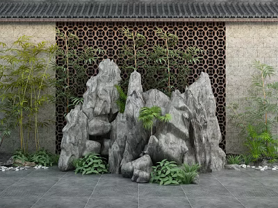 Chinese Garden Ornament with Rock Formation Bamboo Plants and Green Foliage Against Lattice Screen 3d model