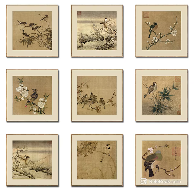 Traditional Chinese Bird and Flower Paintings with Beige Frames for Wall Decoration 3d model 