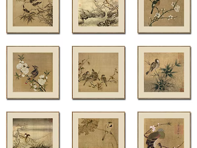 Traditional Chinese Bird and Flower Paintings with Beige Frames for Wall Decoration 3d model