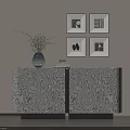 Modern Console Cabinet With Patterned Surface And Vase Decor Plus Wall Art Paintings 3d model