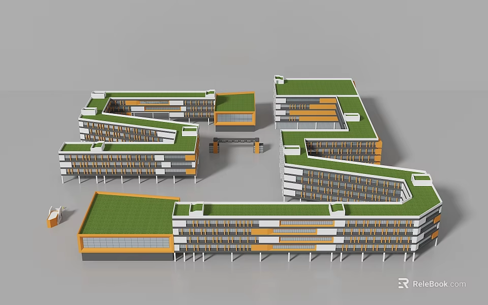 Modern School Building With Green Roof Connected Structures And Orange White Exterior 3d model 
