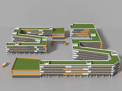 Modern School Building With Green Roof Connected Structures And Orange White Exterior 3d model