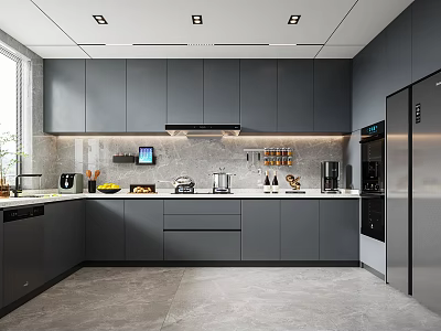Modern Grey Kitchen Interior With Marble Countertop Built in Appliances And Cabinets 3d model