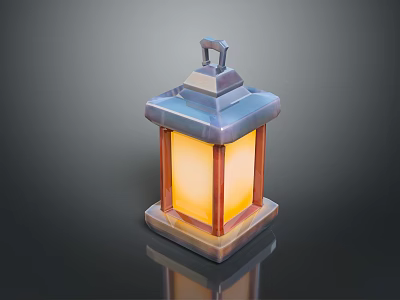 Metal Square Lantern With Illuminated Yellow Light Handle On Base And Reflective Surface 3d model