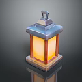 Metal Square Lantern With Illuminated Yellow Light Handle On Base And Reflective Surface 3d model