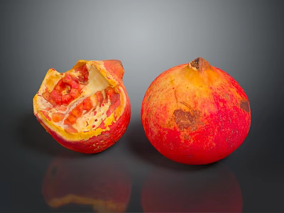 Whole And Cut Open Pomegranate With Juicy Arils On Dark Reflective Surface 3d model