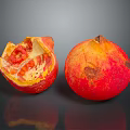 Whole And Cut Open Pomegranate With Juicy Arils On Dark Reflective Surface