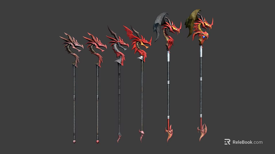 Other Fantasy Polearms With Red Black Dragon Design And Gems 3d model 