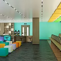 Modern Conference Room With Colorful Seats Large Screen Podium And Bright Lighting