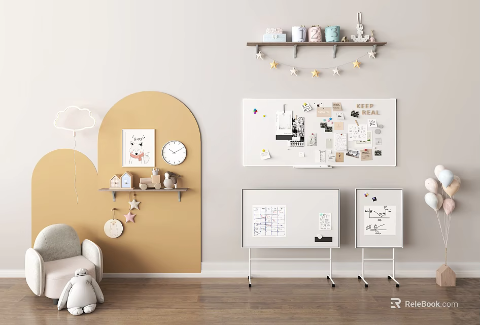 Kids Room Interior With Yellow Arched Wall Small Chair Whiteboards And Stuffed Toy 3d model 