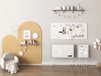 Kids Room Interior With Yellow Arched Wall Small Chair Whiteboards And Stuffed Toy 3d model