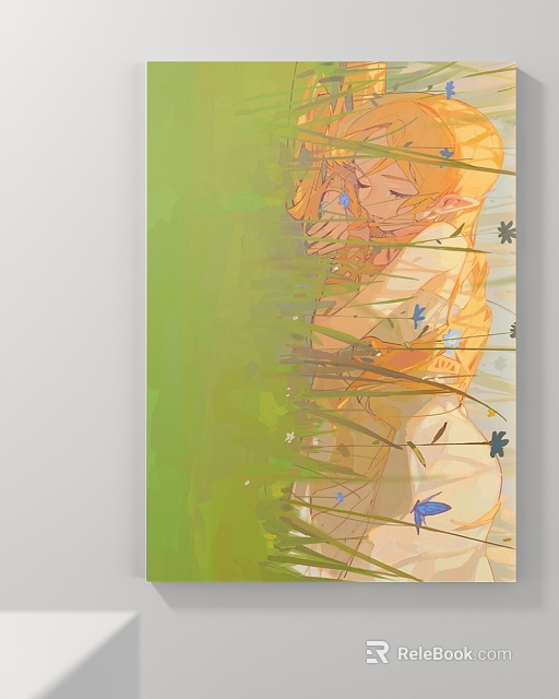 Vibrant Green Grass Landscape Painting With Blue Flowers And Sunlight Effects 3d model 