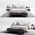 Modern Double Bed With Upholstered Headboard Pillows Nightstands And Area Rug 3d model