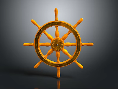 Yellow Wooden Carved Ship's Wheel Sculpture With Artistic Design And Reflective Surface 3d model
