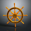 Yellow Wooden Carved Ship's Wheel Sculpture With Artistic Design And Reflective Surface