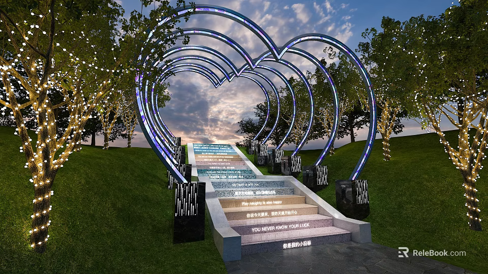 Heart Shaped Pergola Featuring Decorative Arches String Lights Trees and Sunset Sky Illuminated Steps 3d model 