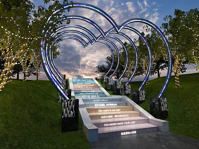 Heart Shaped Pergola Featuring Decorative Arches String Lights Trees and Sunset Sky Illuminated Steps 3d model