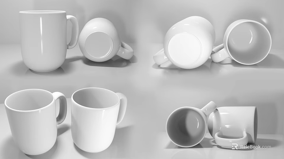 White Mugs Displayed in Various Positions and Angles on Gray Background Surface 3d model 