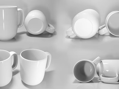 White Mugs Displayed in Various Positions and Angles on Gray Background Surface 3d model