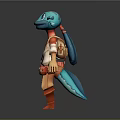 3D Blue Creature Character Wearing Red Backpack White Red Shirt And Brown Pants
