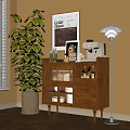 Wooden Entryway Side Cabinet With Glass Doors Drawers Coffee Machine And Potted Plant