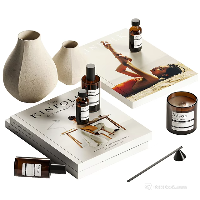 Modern Decor Accessories Set With White Vases Books Essential Oil Bottles Candle And Reed Diffuser 3d model 