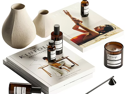 Modern Decor Accessories Set With White Vases Books Essential Oil Bottles Candle And Reed Diffuser 3d model