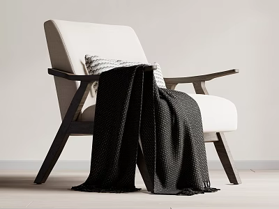 Modern Minimalist Leisure Chair With Light Fabric Seat Dark Wooden Armrests And Cozy Blanket 3d model