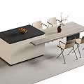 Modern Bar Counter With Black Top Light Colored Body Extended Table Vase And Chairs