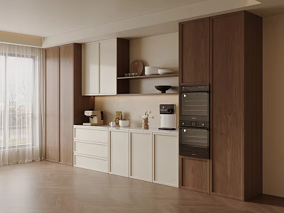Modern Wooden White Sideboard With Coffee Machine Vase Drawers And Cabinets In Interior 3d model