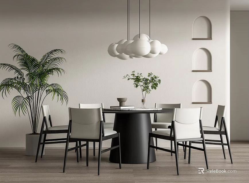 Modern Dining Table Set with Black Round Table White Chairs Hanging Chandelier and Arched Decor 3d model