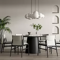Modern Dining Table Set with Black Round Table White Chairs Hanging Chandelier and Arched Decor 3d model