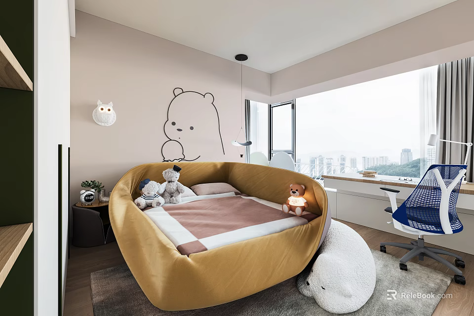 Kids Room Interior With Golden Round Bed Stuffed Toys Cartoon Bear Sticker Window Desk Chair 3d model 