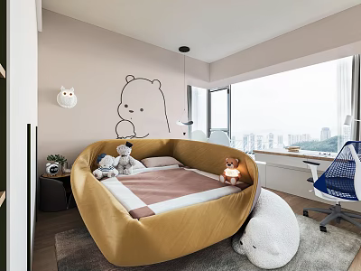 Kids Room Interior With Golden Round Bed Stuffed Toys Cartoon Bear Sticker Window Desk Chair 3d model
