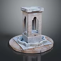 Stone Fountain With Arch Openings And Circular Base On Decorative Stone Platform