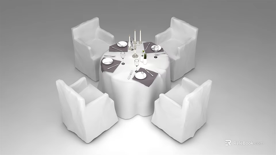 Elegant Round Dining Table Set With White Tablecloth Tableware Wine Glasses And Four White Chairs 3d model 