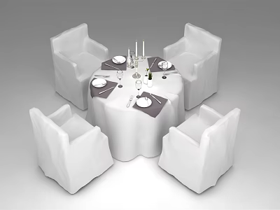 Elegant Round Dining Table Set With White Tablecloth Tableware Wine Glasses And Four White Chairs 3d model