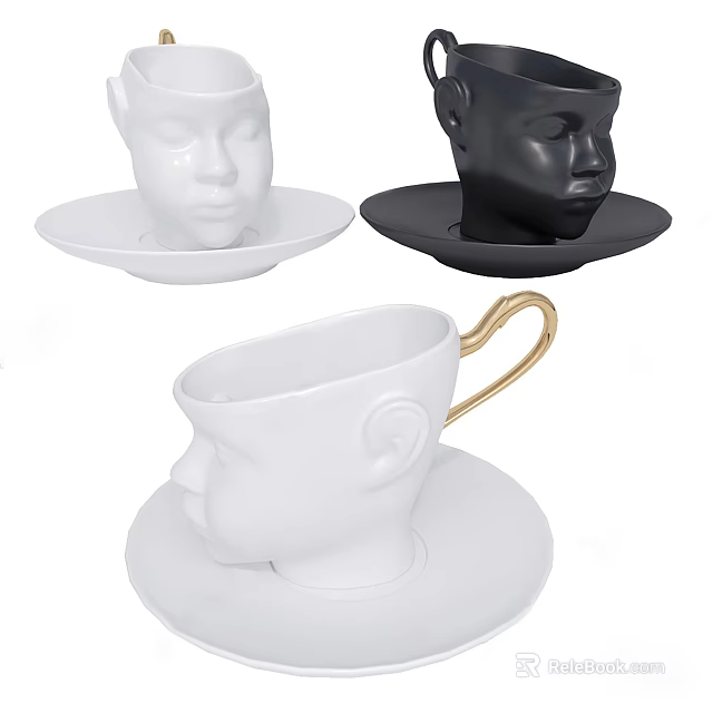 Unique Head Shaped Cups With White Black Design And Golden Handle Matching Saucers 3d model 