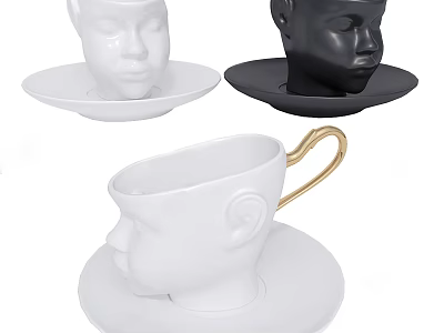 Unique Head Shaped Cups With White Black Design And Golden Handle Matching Saucers 3d model