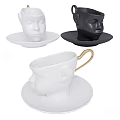 Unique Head Shaped Cups With White Black Design And Golden Handle Matching Saucers