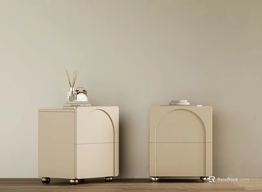Modern Beige Bedside Tables With Curved Design Gold Wheels And Aromatherapy Decor 3d model 